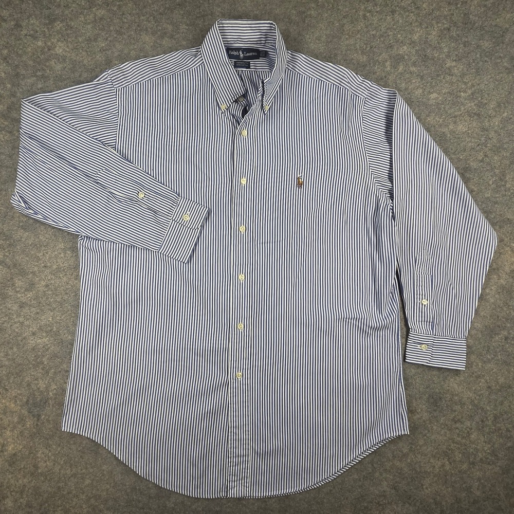 Ralph Lauren Yarmouth Blue White Striped Button Down Shirt Mens 15.5 32 Cotton
